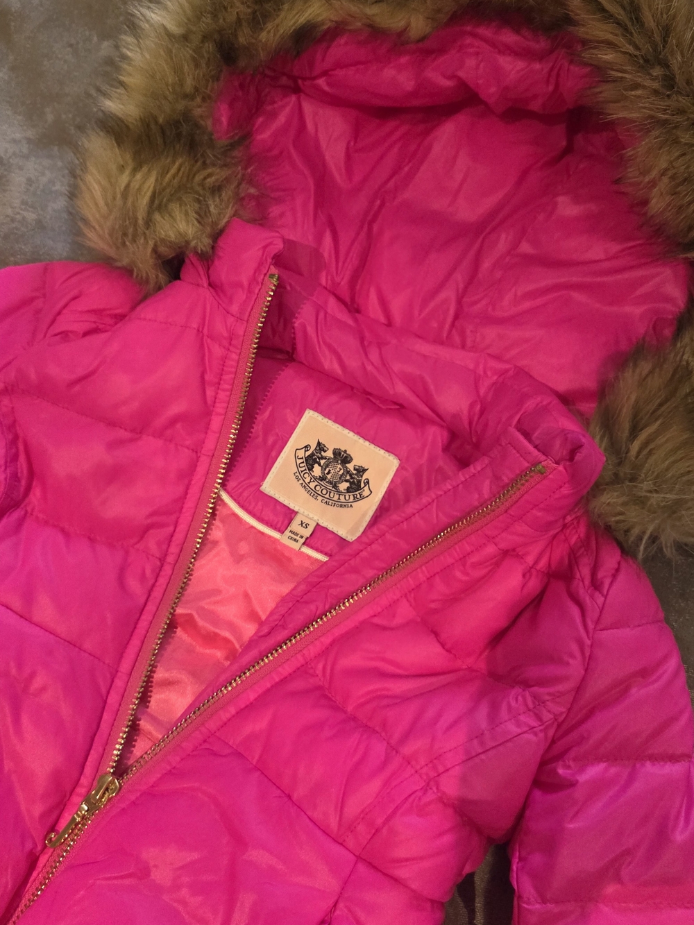 Juicy Couture Girls' Hot Pink Puffer Coat with Faux Fur Trim